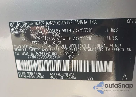 2016 Toyota Rav4 Limited z USA, uszkodzony, nr VIN 2T3DFREV5GW502310